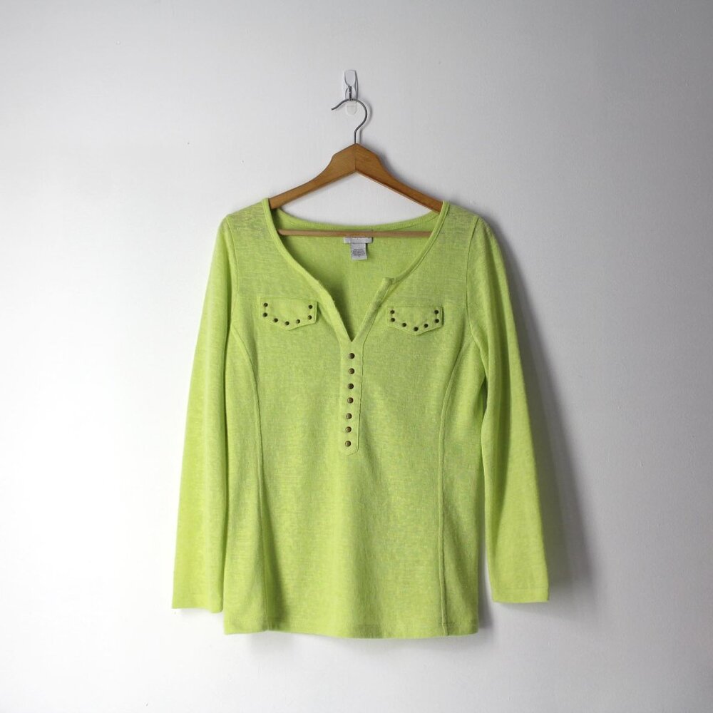 Soft Surroundings green soft stretch knit w/ studs women's blouse top Sz M